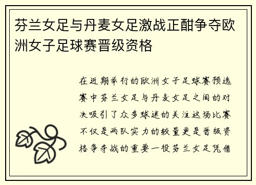 芬兰女足与丹麦女足激战正酣争夺欧洲女子足球赛晋级资格