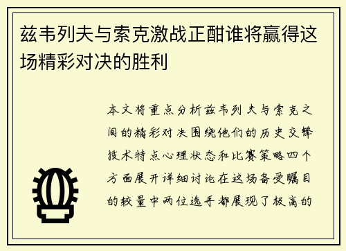 兹韦列夫与索克激战正酣谁将赢得这场精彩对决的胜利
