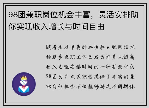98团兼职岗位机会丰富，灵活安排助你实现收入增长与时间自由