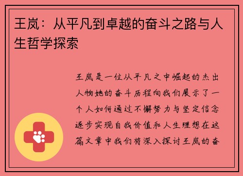 王岚：从平凡到卓越的奋斗之路与人生哲学探索