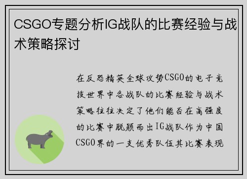 CSGO专题分析IG战队的比赛经验与战术策略探讨