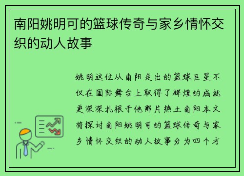 南阳姚明可的篮球传奇与家乡情怀交织的动人故事