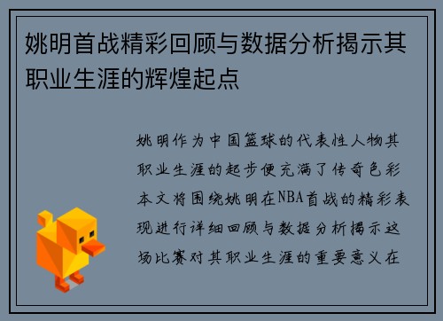 姚明首战精彩回顾与数据分析揭示其职业生涯的辉煌起点