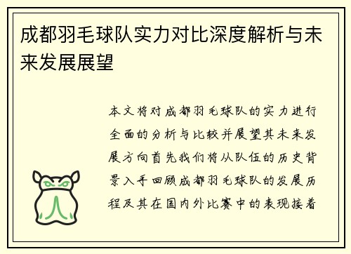 成都羽毛球队实力对比深度解析与未来发展展望